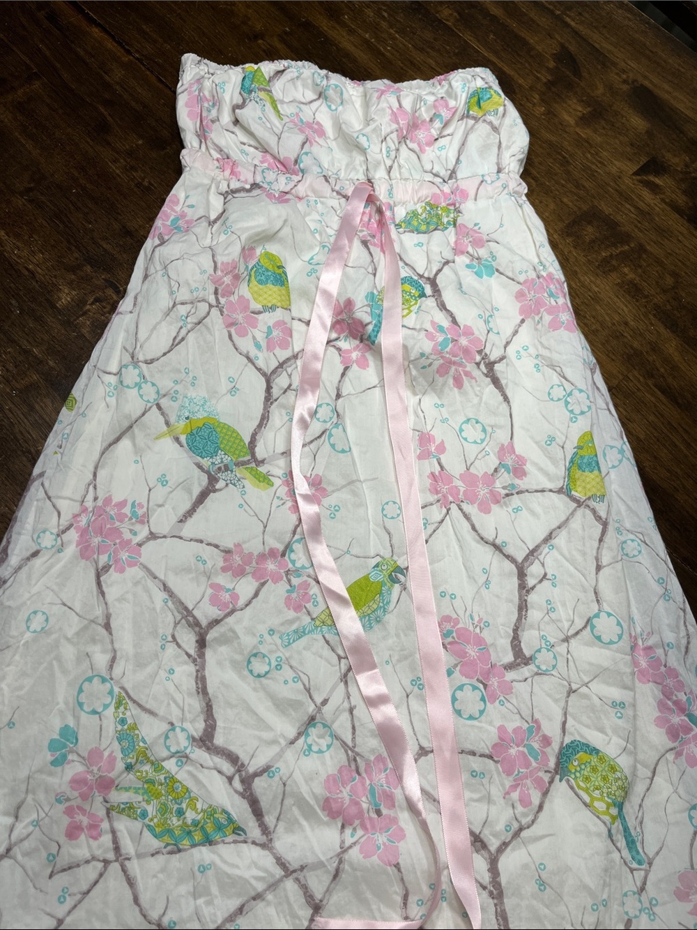 Strapless White Floral & Bird Print Summer Dress with Pink Ribbon
